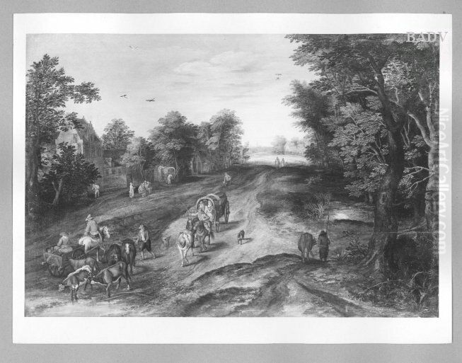 Rural street with cars and cows Oil Painting by Jan Brughel