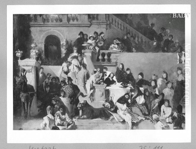 Festliche Gesellschaft auf einer Freitreppe Oil Painting by Hans Makart