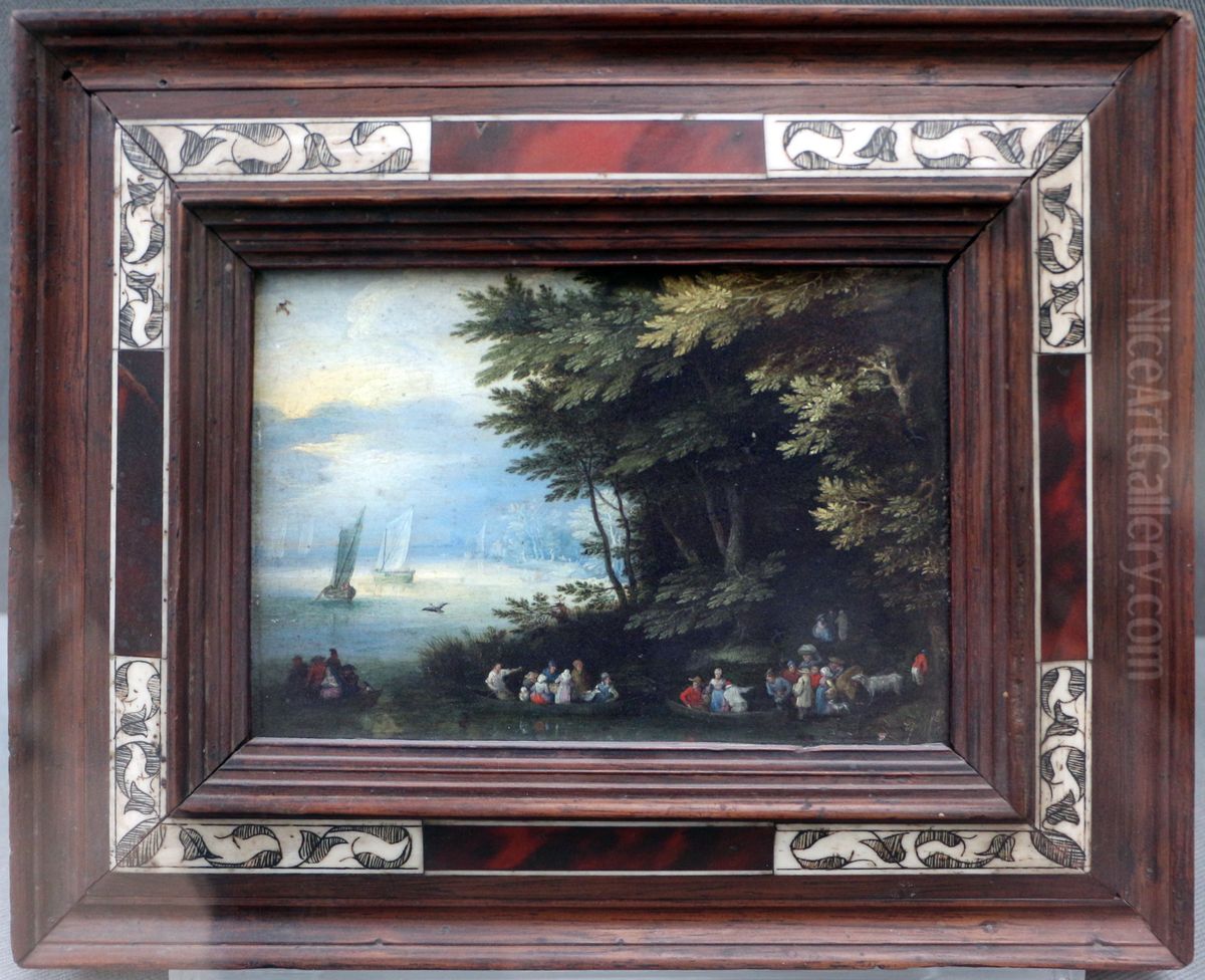 Waldlandschaft am Fluss mit Segelbooten und Kahnen Oil Painting by Jan Brughel