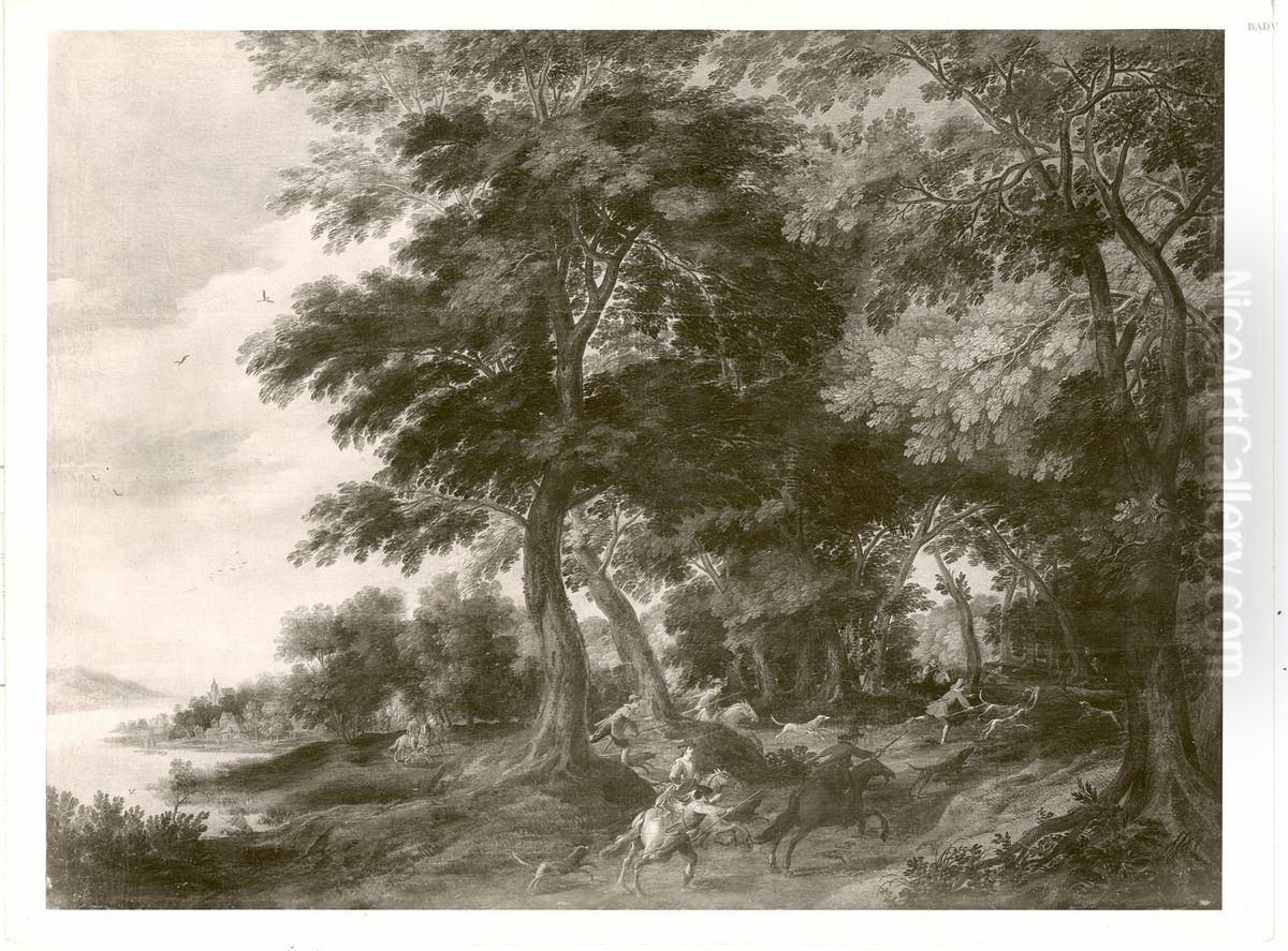 Waldlandschaft mit See und Jagd Oil Painting by Paul Bril
