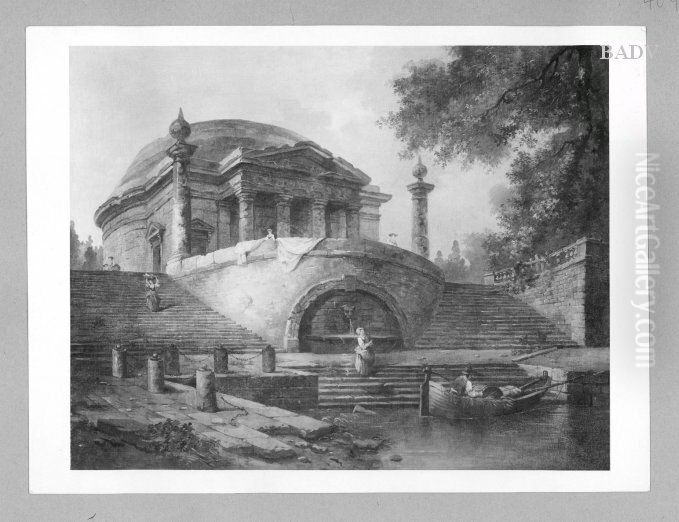 Tempel mit Rundterrasse, Booten und Staffage Oil Painting by Hubert Robert