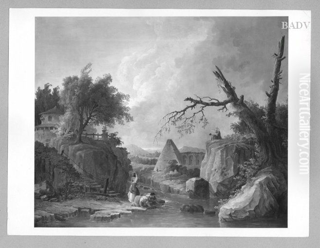 Landscape with antique buildings + figures Oil Painting by Hubert Robert
