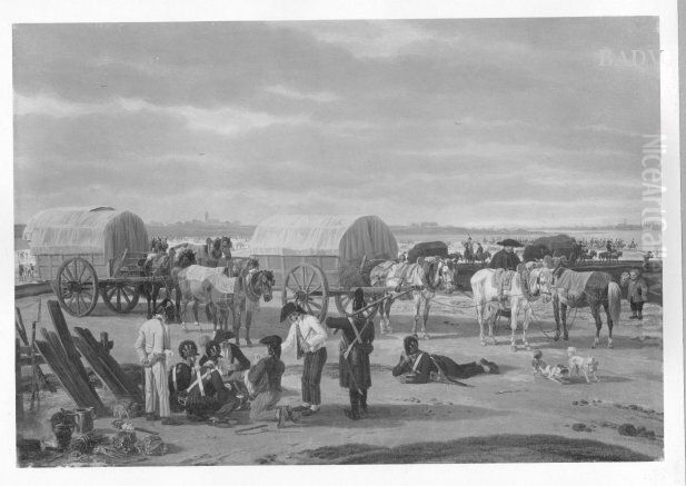 Bagage-Tross aus der Zeit der Befreiungskriege auf der Rast vor einer Stadt (Munchen) Oil Painting by Wilhelm von Kobell (1766-1853)