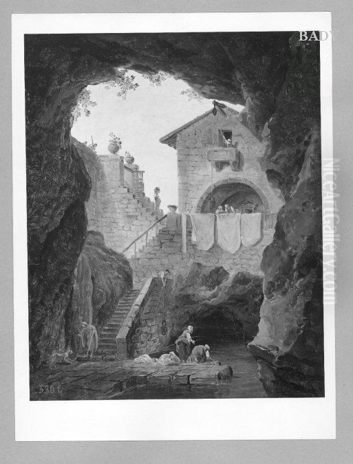 Wascherinnen in einer Grotte mit Ausblick auf ein Haus Oil Painting by Hubert Robert