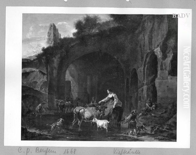 Shepherds+ cattle at a ruin Oil Painting by Nicolaes Pieterszoon Berchem