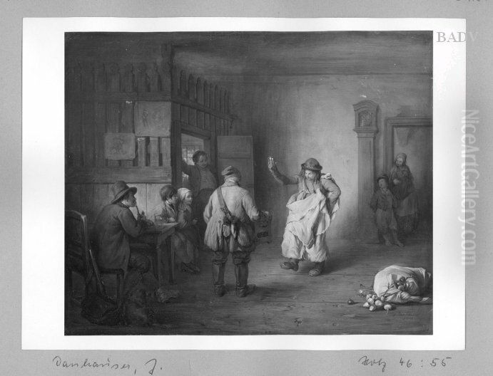 Interior with hand-organist + dancer Oil Painting by Josef Franz Danhauser
