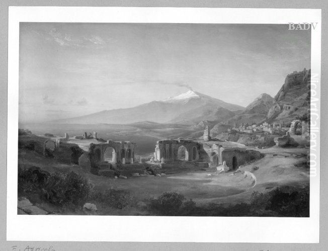 Theater-Ruine in Taormina mit Blick auf den Aethna Oil Painting by Eduard Agricola