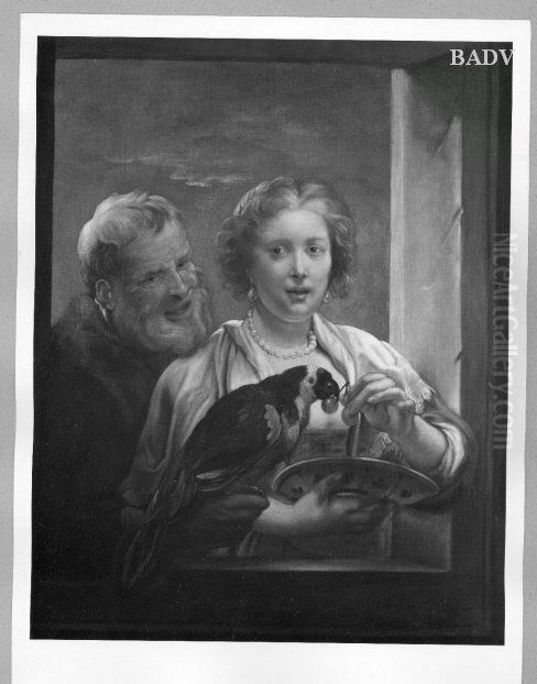 Mann und Frau am Fenster mit Papagei Oil Painting by Jacob Jordaens
