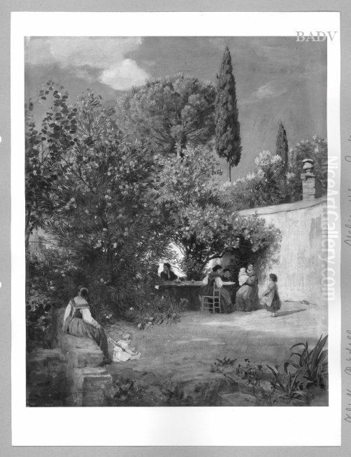 Garten mit Gesellschaft unter bluhenden Oleanderbaumen Oil Painting by Rudolf Schick