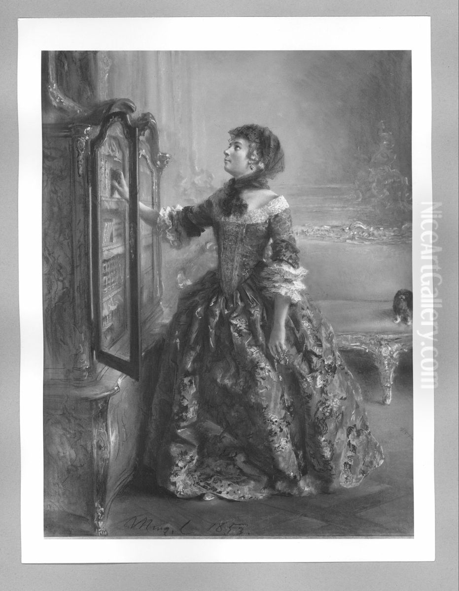 Dame in Rokoko-Kostum vor einem Bucherschrank (Prinzessin Amalie von Hohenzollern) Oil Painting by Adolph von Menzel