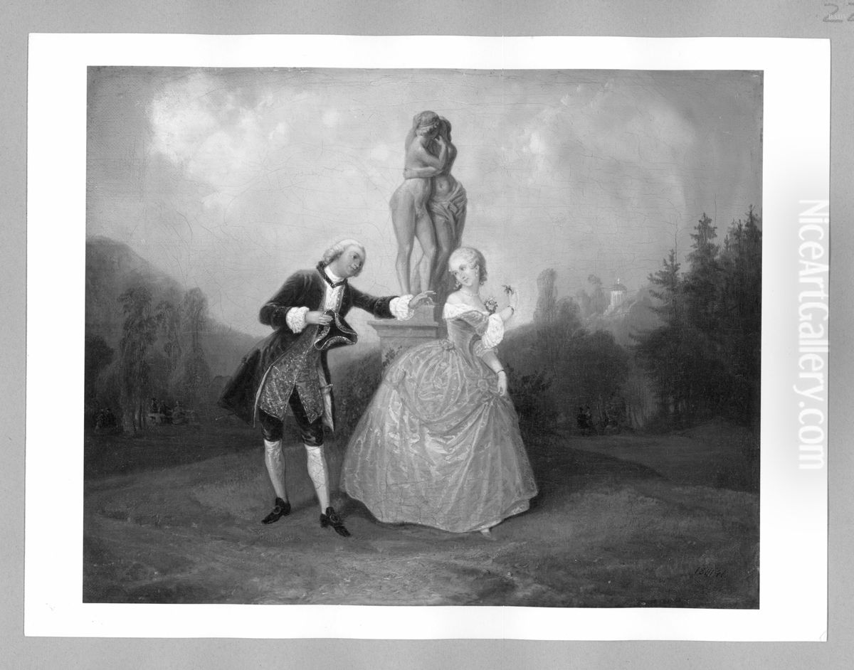 Rokoko-Szene, Paar im Park vor einer Plastik mit Amor und Psyche Oil Painting by Theodor Hosemann