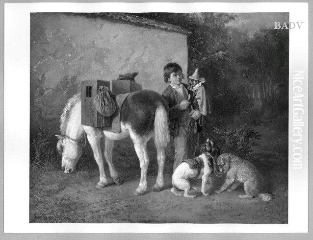 Savoyardenknabe mit kostumierten Affchen, Pony und zwei Hunden Oil Painting by Theodor Hosemann