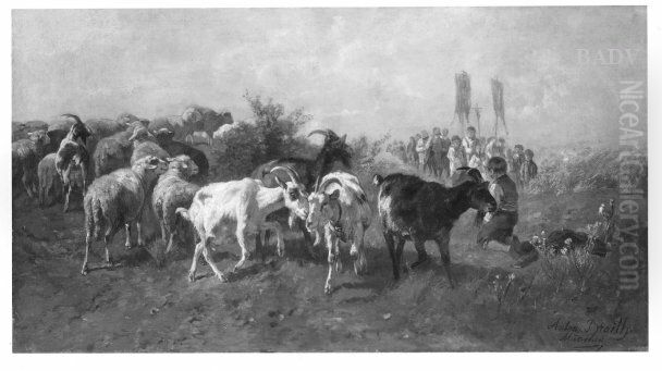 Procession passing cattle in meadow Oil Painting by Anton Braith
