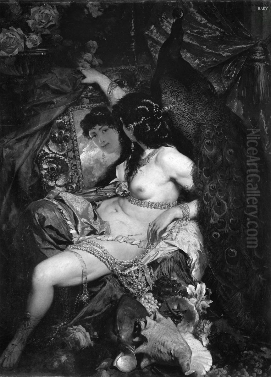 Weiblicher Akt mit Pfau und Spiegel Oil Painting by Ferdinand Keller