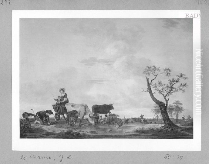 landscape with cattle + fig (mother with child) Oil Painting by Jean-Louis de Marne