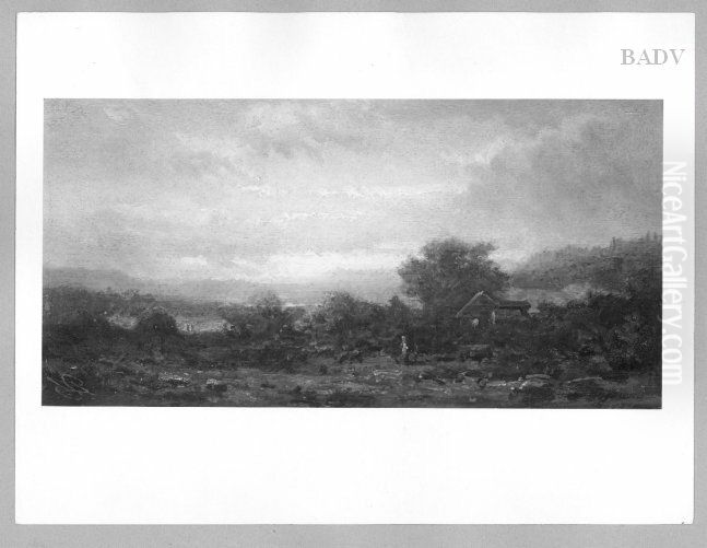 Abendlandschaft, rechts eine Hutte und weibliche Gestalt Oil Painting by Carl Spitzweg