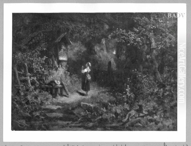 girl praying at a shrine under trees Oil Painting by Carl Spitzweg
