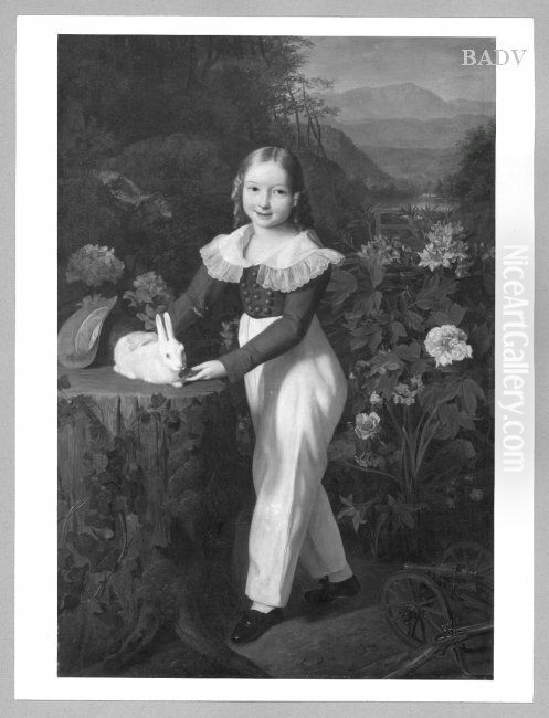 Bildnis eines Prinzen Esterhazy mit weissem Kaninchen in einer Landschaft Oil Painting by Ferdinand Georg Waldmuller