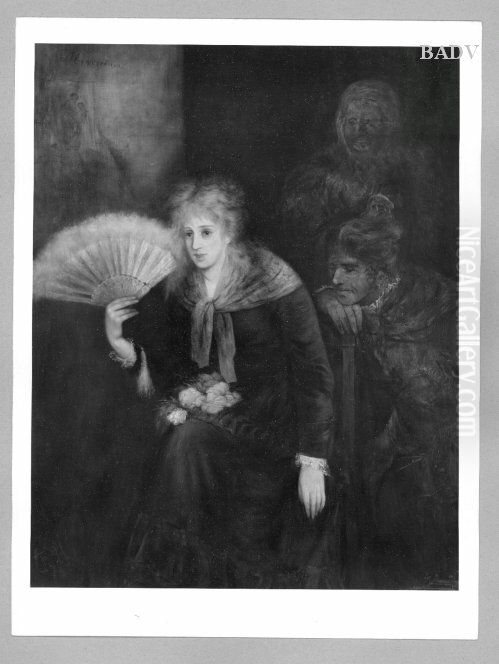 Mieserrima, Madchen mit Facher und Rosen im Schoss und zwei Figuren Oil Painting by Fritz von Uhde