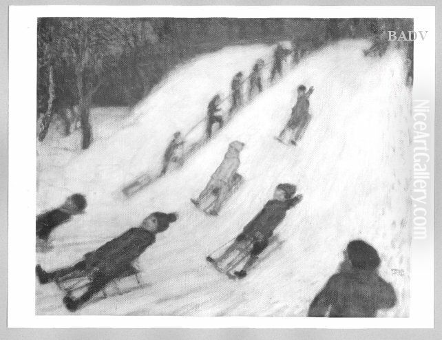 Schlittenfahrende Kinder Oil Painting by Franz Stuck