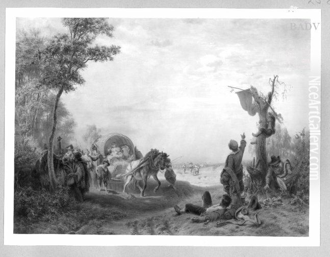 Zigeunerlager mit Planwagen im Vordergrund Oil Painting by Friedrich Wilhelm Pfeiffer