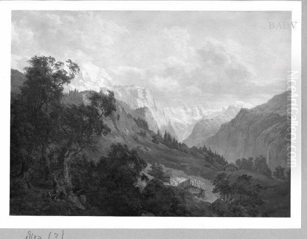Gebirgslandschaft mit Alm im Vordergrund und Staffage Oil Painting by Samuel Friedrich Diez