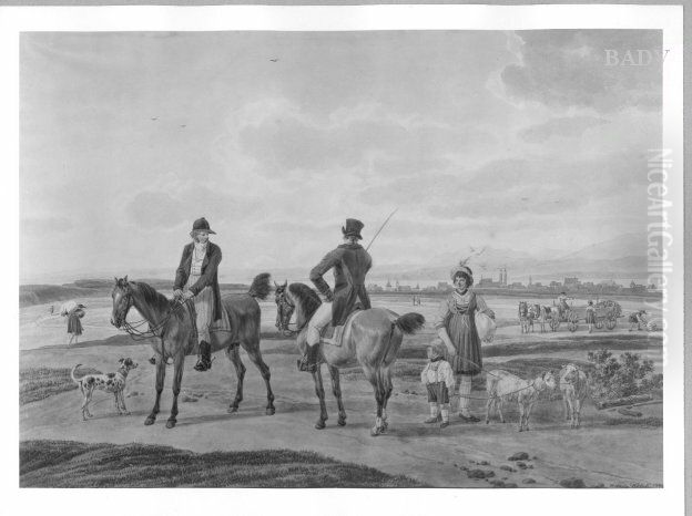 Zwei Reiter und Bauernmadchen mit Ziegen in einer Landschaft Oil Painting by Wilhelm von Kobell (1766-1853)
