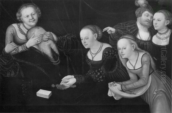 Alter Mann mit vier Madchen (vier Dirnen) Oil Painting by Lucas Cranach the Elder