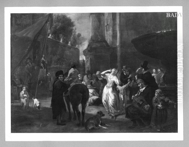 Volksfest, Gruppe mit tanzender Frau im Mittelpunkt vor einem Brunnen Oil Painting by Hendrik Verschuring