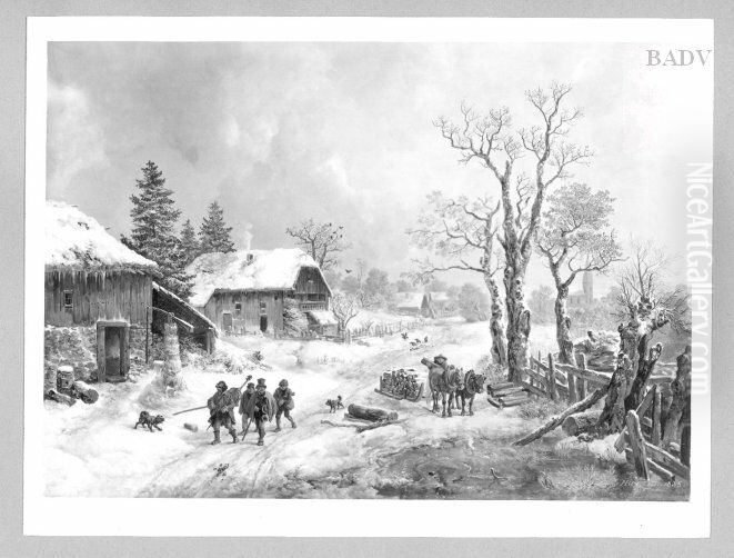 Winterlandschaft mit Dorfmusikanten Oil Painting by Heinrich Burkel