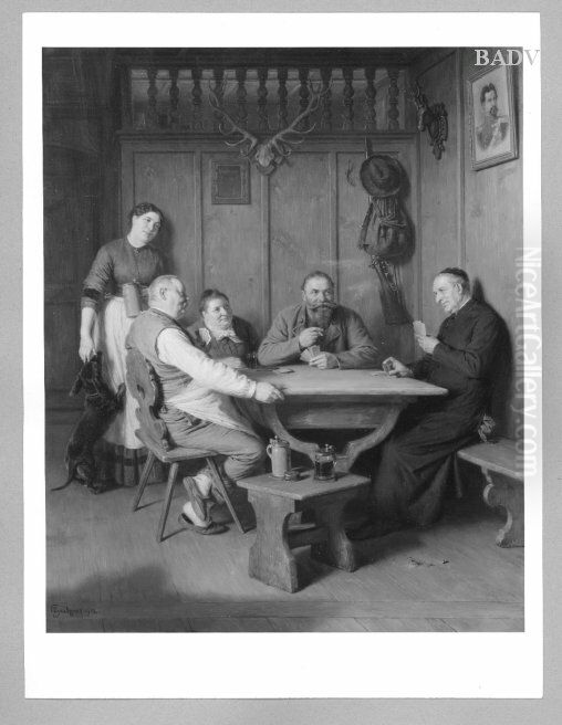 Sun - interior 5 Persons - playing on cords Oil Painting by Eduard Von Grutzner