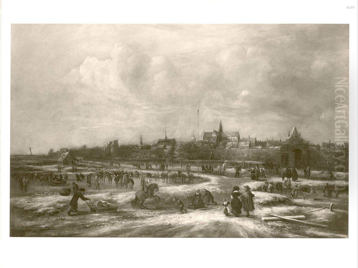 Ansicht von Leyden mit Eislaufszene im Vordergrund Oil Painting by Nicolaes Molenaer