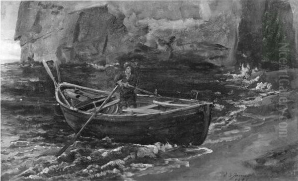Boat in southern rocky bay Oil Painting by Johan Wilhelm Ludwig Dahl
