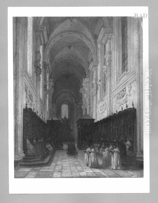 Choir of a baroque church with monks at divine service Oil Painting by Jules Victor Genisson