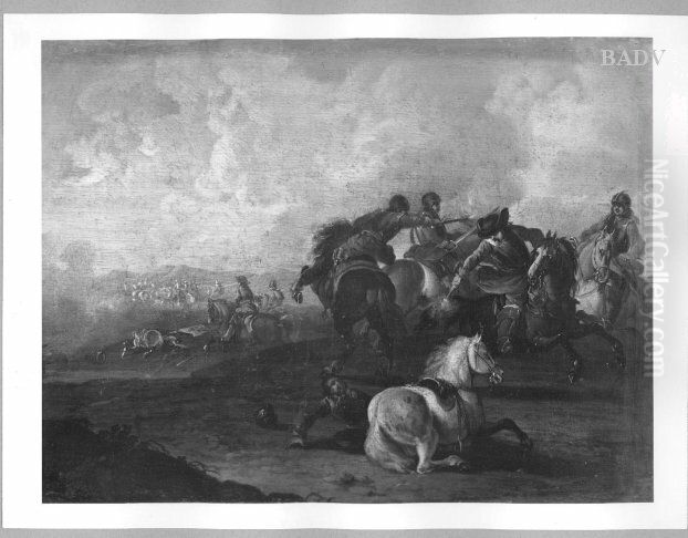 Group of Fighting soldiers on horseback Oil Painting by August Querfurt