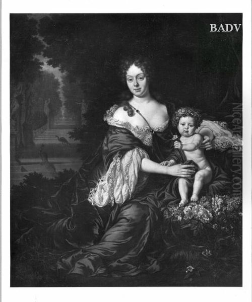 Bildnis einer Dame mit Kind in einer Parklandschaft Oil Painting by Michiel van Musscher