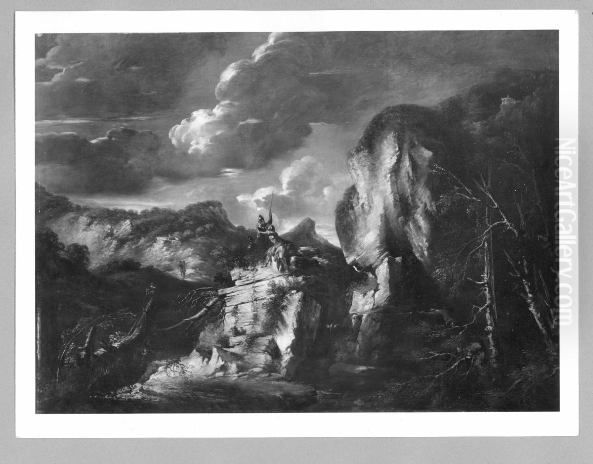 Gebirgslandschaft mit drei Kriegern auf einem Felsen im Vordergrund Oil Painting by Salvator Rosa