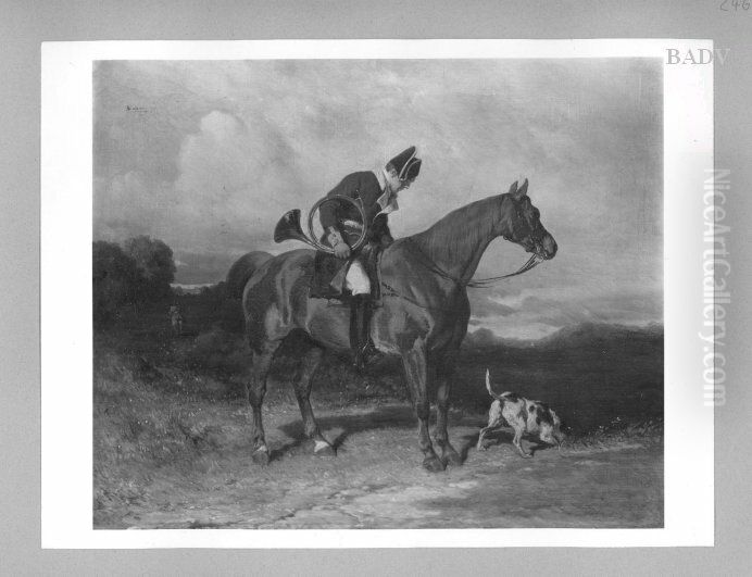 Parforcereiter mit Jagdhorn Oil Painting by Carl Steffeck