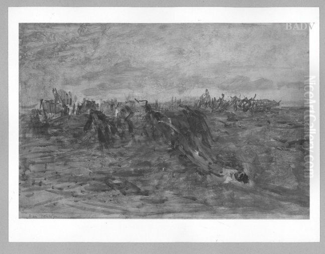 Landschaftsskizze, unvollendet (Skizze zum Verwundetentransport) Oil Painting by August von Pettenkofen