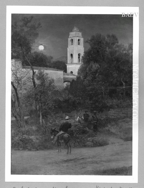 Italien church in the moonlight + figures Oil Painting by Oswald Achenbach