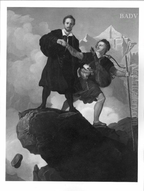 Manfred and his saver in the mountains Oil Painting by Julius Schnorr Von Carolsfeld