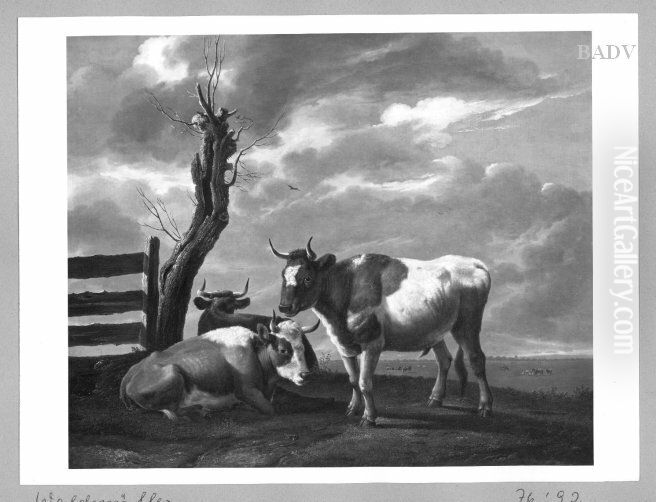 Kuhe und Stier auf der Weide Oil Painting by Ferdinand Georg Waldmuller