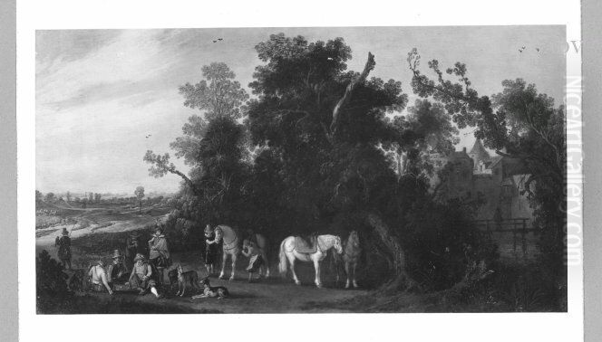 hunting party near a castle Oil Painting by Esaias Van De Velde