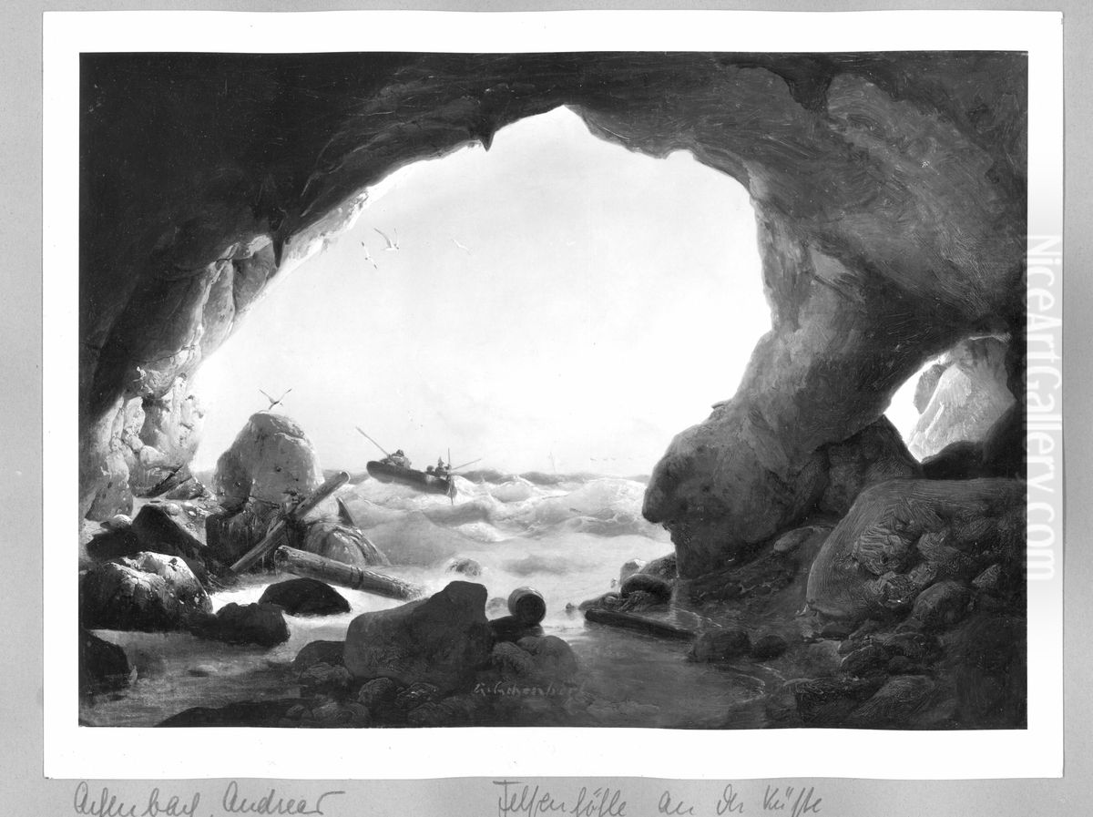 view on sea through rock- gate Oil Painting by Andreas Achenbach