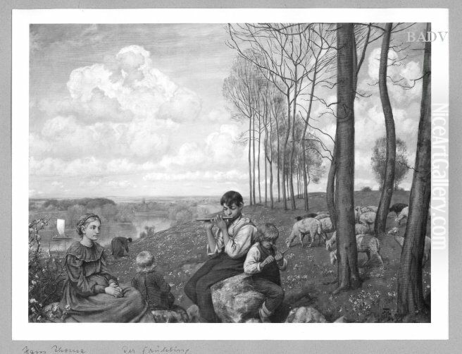 group of young shepherds in landscape Oil Painting by Hans Thoma