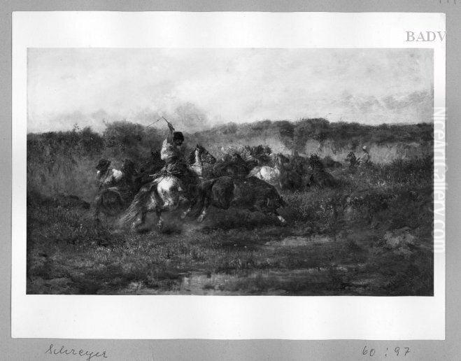 Hungarian landscape with a herd of horses Oil Painting by Adolf Schreyer