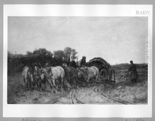 carriage + horses in moore-landscape Oil Painting by Adolf Schreyer