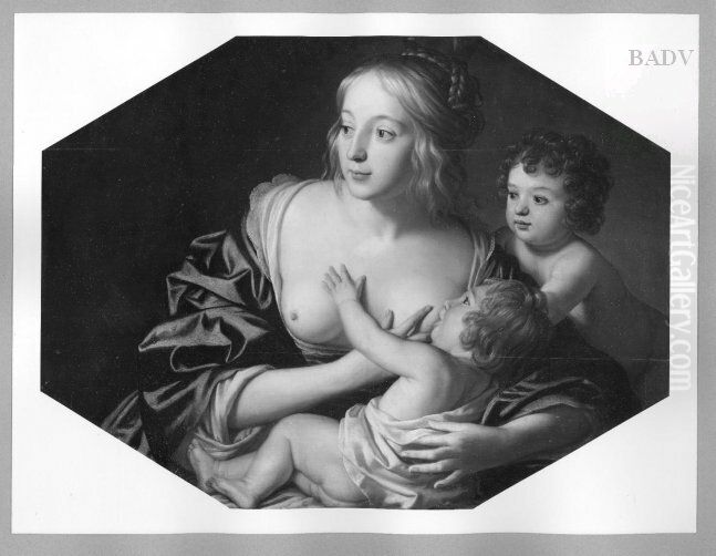 Junge Frau mit zwei Kindern, eines an der Brust liegend Oil Painting by Gerard van Honthorst