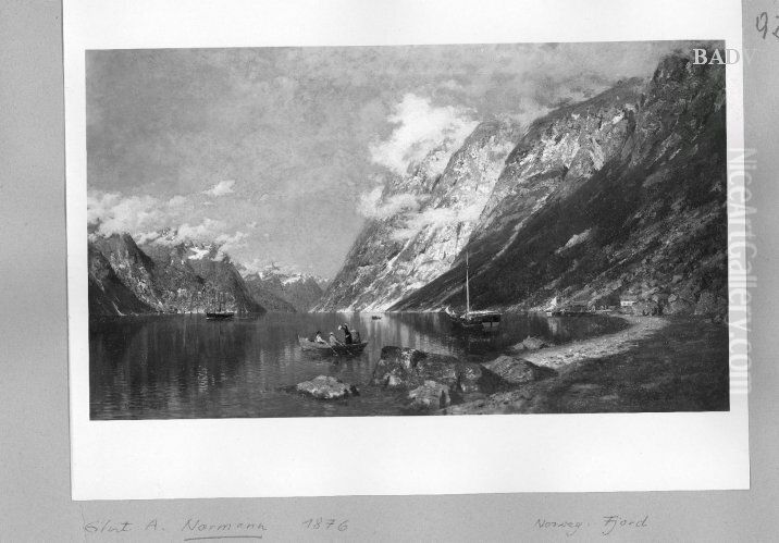 Norwegische Fjordansicht mit Dampfer und Booten Oil Painting by Adelsteen Normann