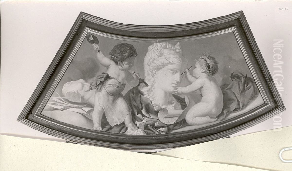 Mehrteiliges Deckengemalde mit Allegorien der Kunste (Architektur, Malerei, Plastik) Oil Painting by Eduard Von Grutzner